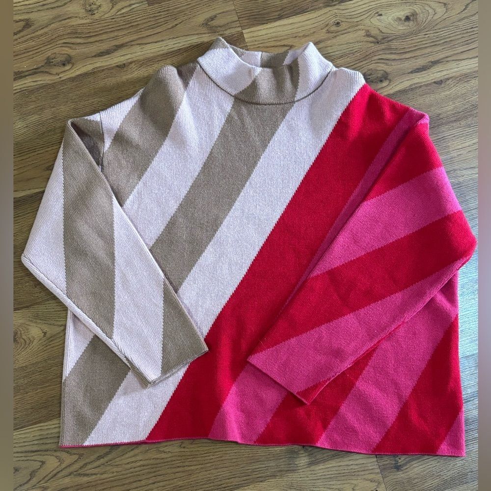 LIZ CLAIBORNE (1X) Tunic Length Sweater Mock Turtle Neck Bold Stripes Pink Red